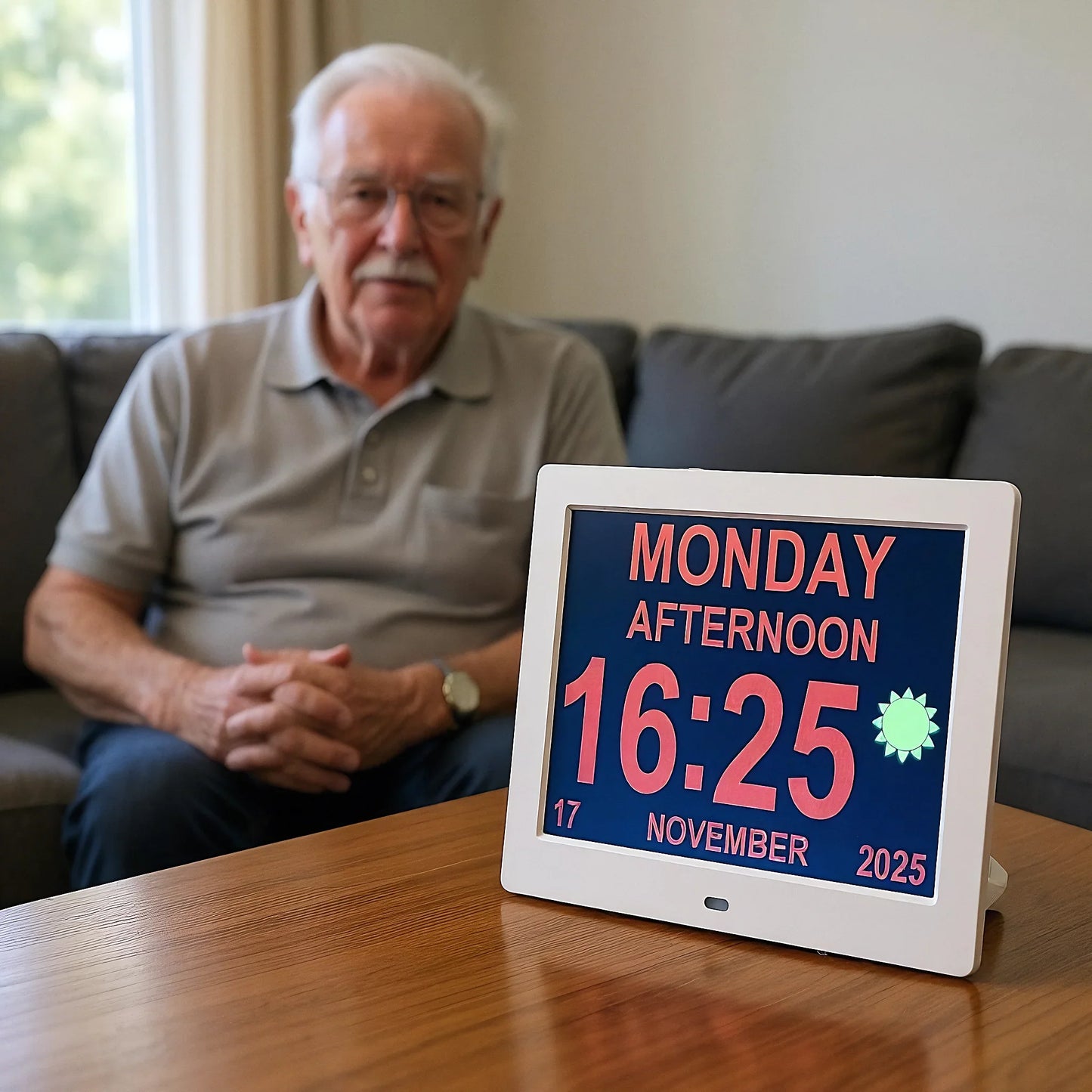 Large digital day clock displaying day, time, and date on table with senior man in background