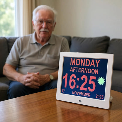 Large digital day clock displaying day, time, and date on table with senior man in background
