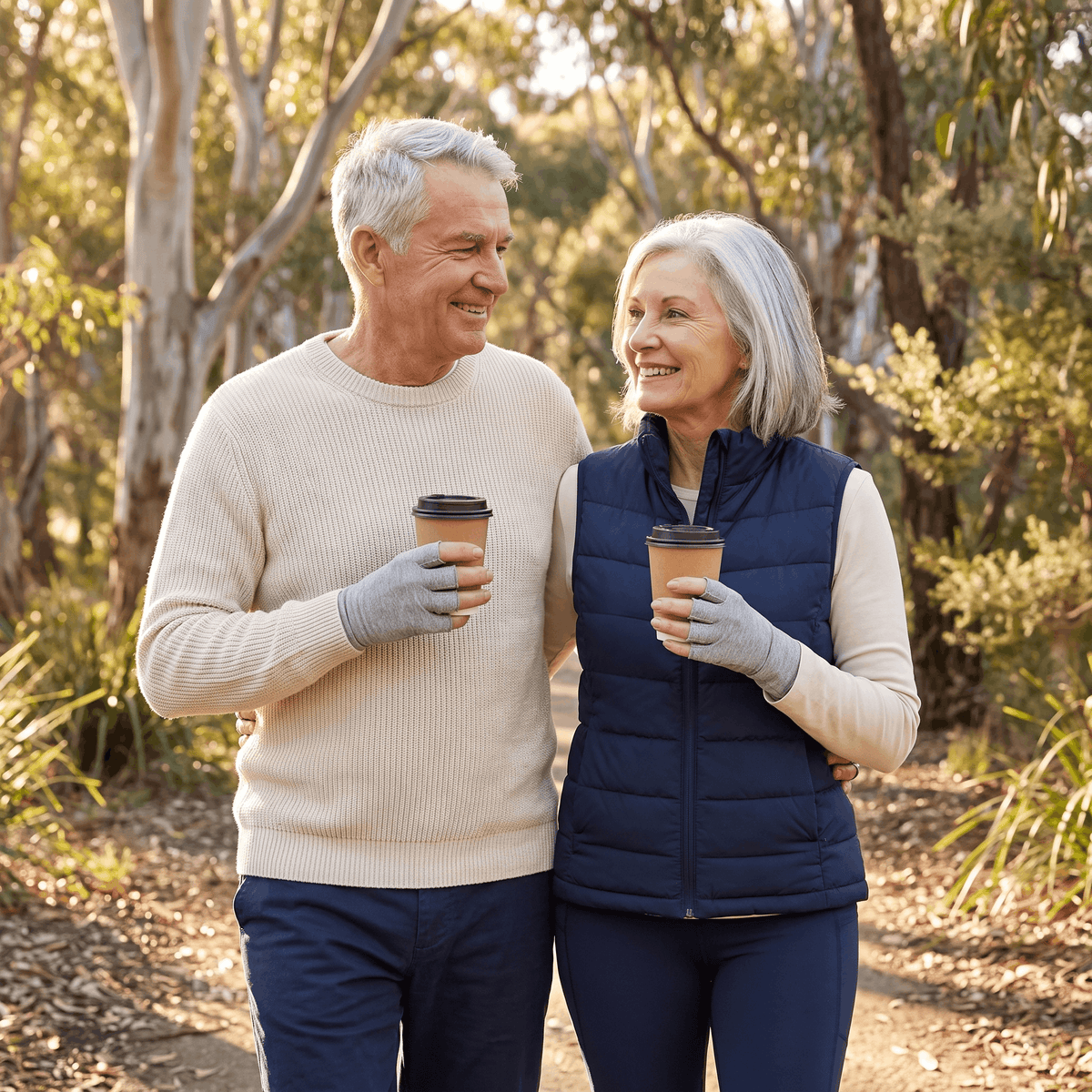 Happy Australian Couple both wearing SilverWise Bamboo Compression Gloves