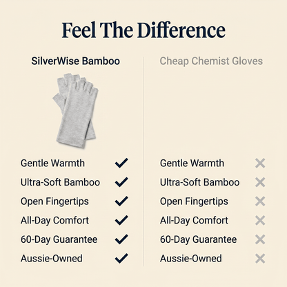 SilverWise Bamboo Compression Gloves 'feel the difference' comparison table to cheap chemist gloves