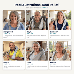 Six Australian customers wearing the DeepKnead massager with their five-star reviews