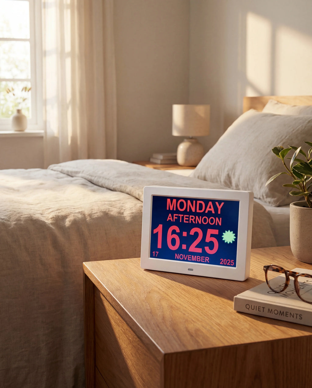 Digital day clock with large clear display on bedside table in a sunlit bedroom