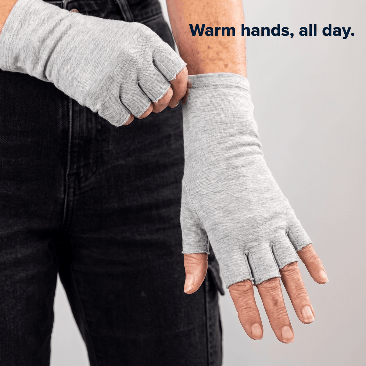 SilverWise Bamboo Compression Gloves close up old woman putting gloves on