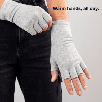 SilverWise Bamboo Compression Gloves close up old woman putting gloves on