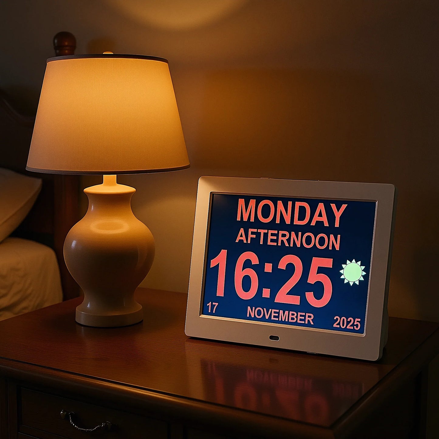 Digital day clock with large display on bedside table next to lamp in a dimly lit bedroom