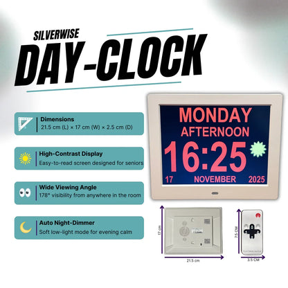 High-contrast digital day clock for seniors with large time, date, and day display, remote shown