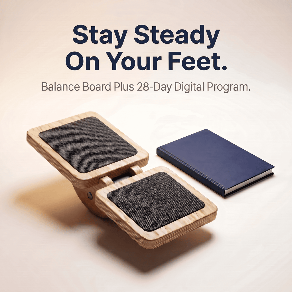 Balance board with a notebook on a light background, promoting a balance program.