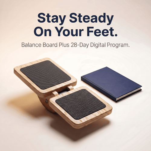 Balance board with a notebook on a light background, promoting a balance program.