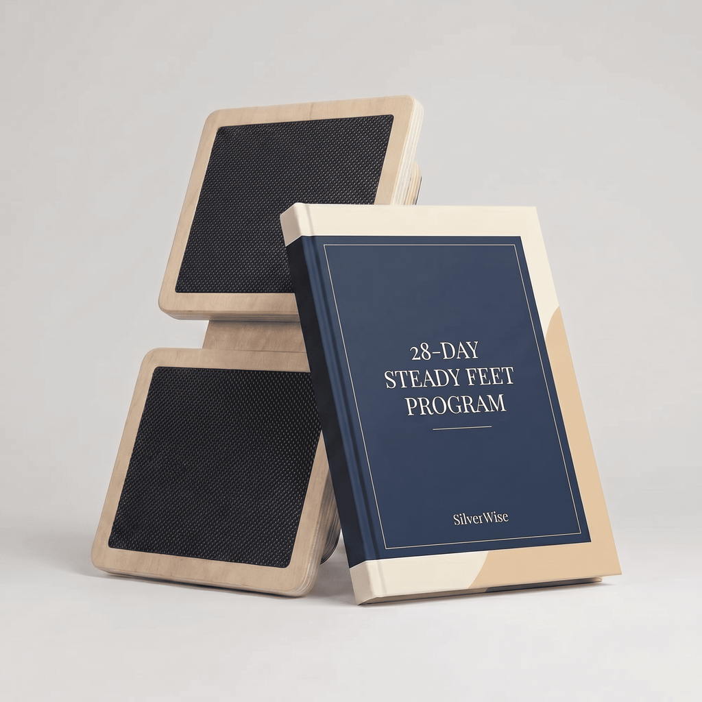 '28-Day Steady Feet Program' by SilverWise with wooden covers on a light gray background and single leg balance board
