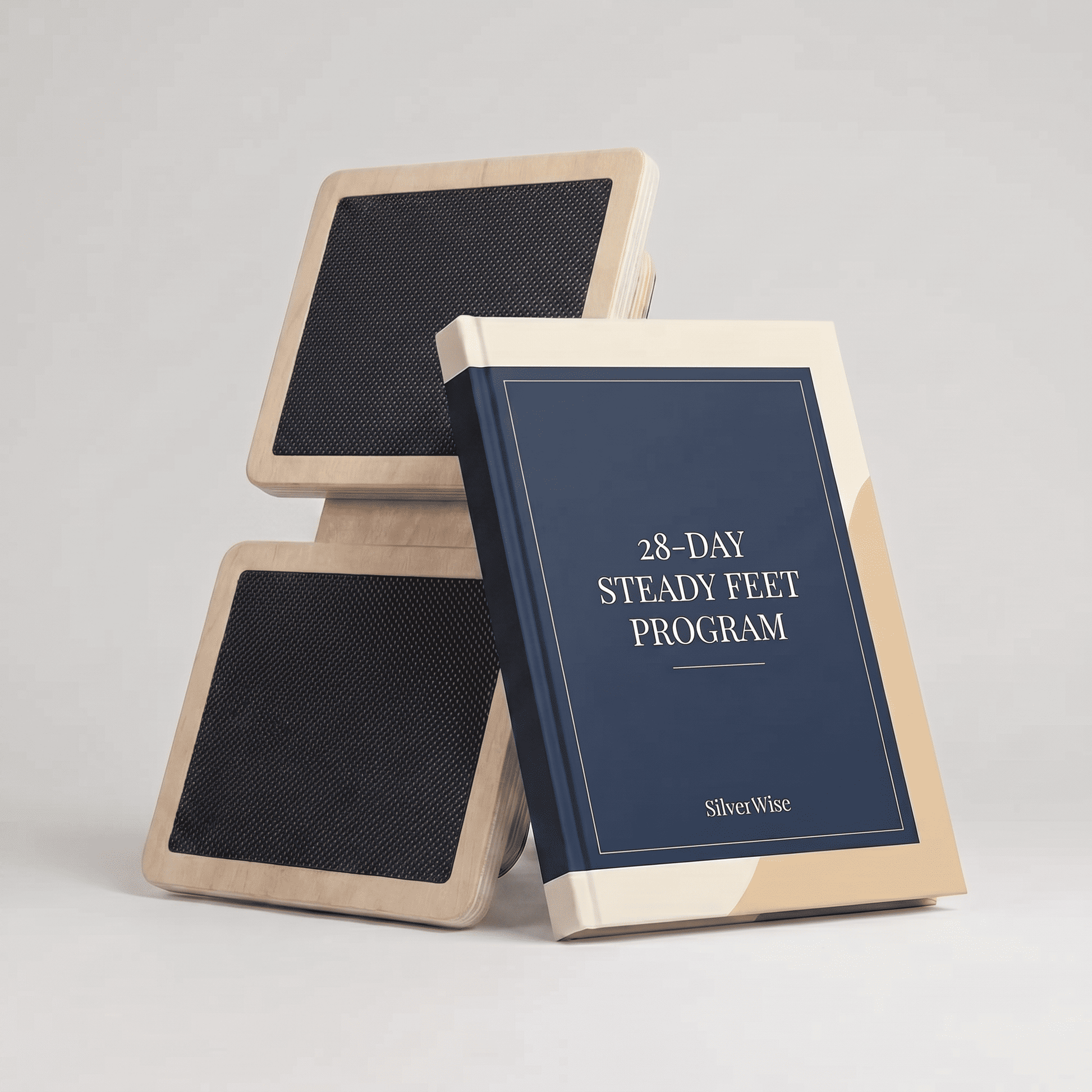 '28-Day Steady Feet Program' by SilverWise with wooden covers on a light gray background and single leg balance board