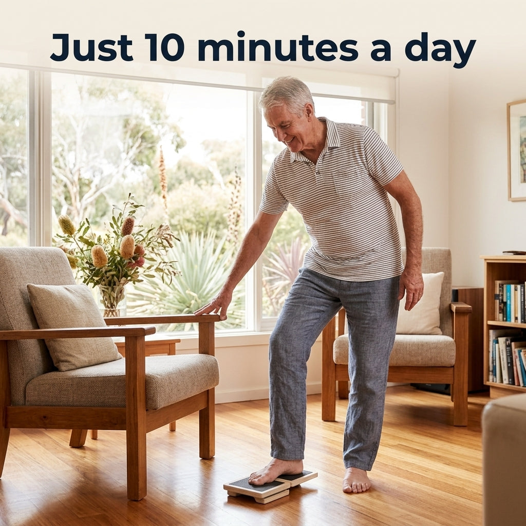 Man using a single leg balance wobble board in a living room with text 'Just 10 minutes a day'.