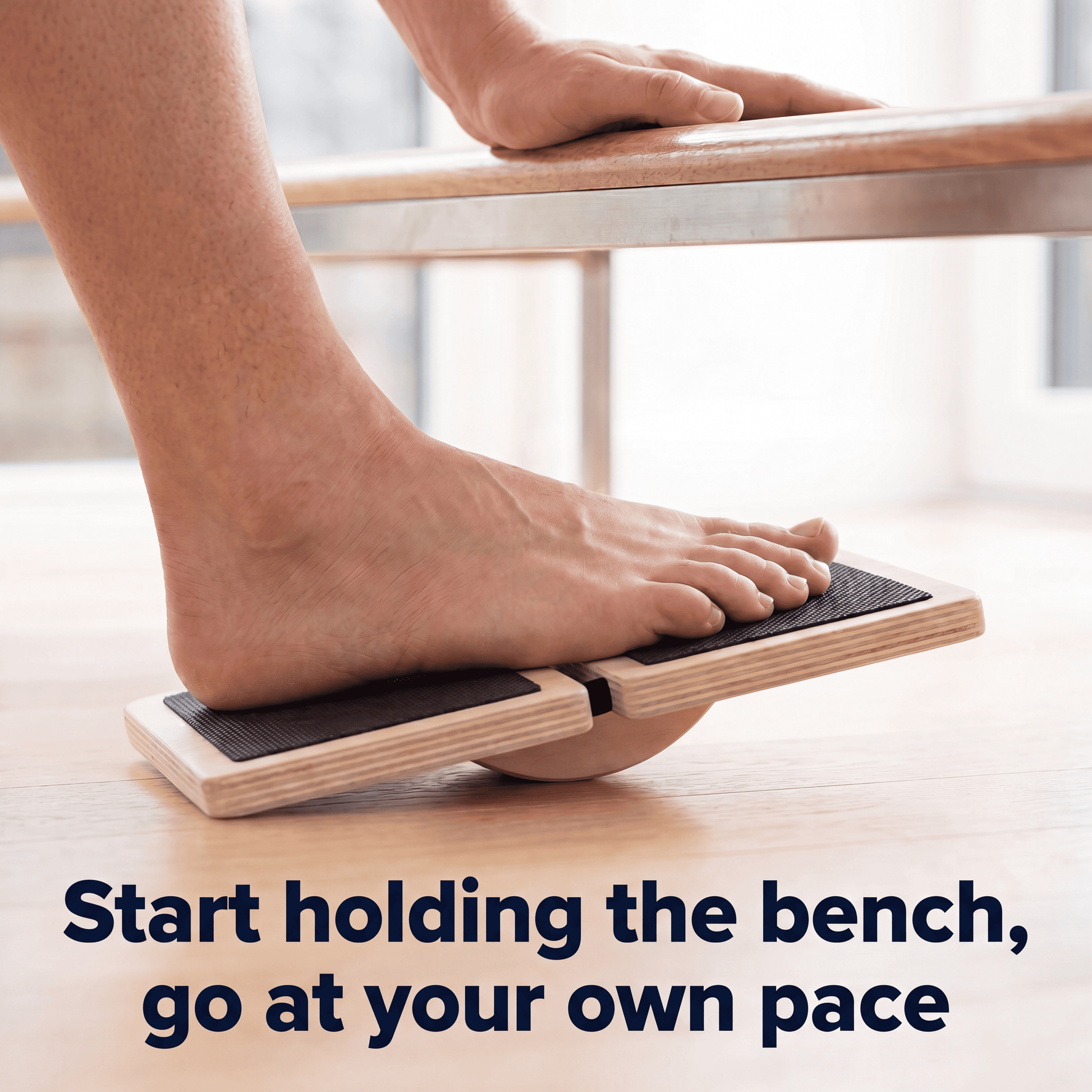 Person using a wooden balance board on a light wood floor with text overlay.