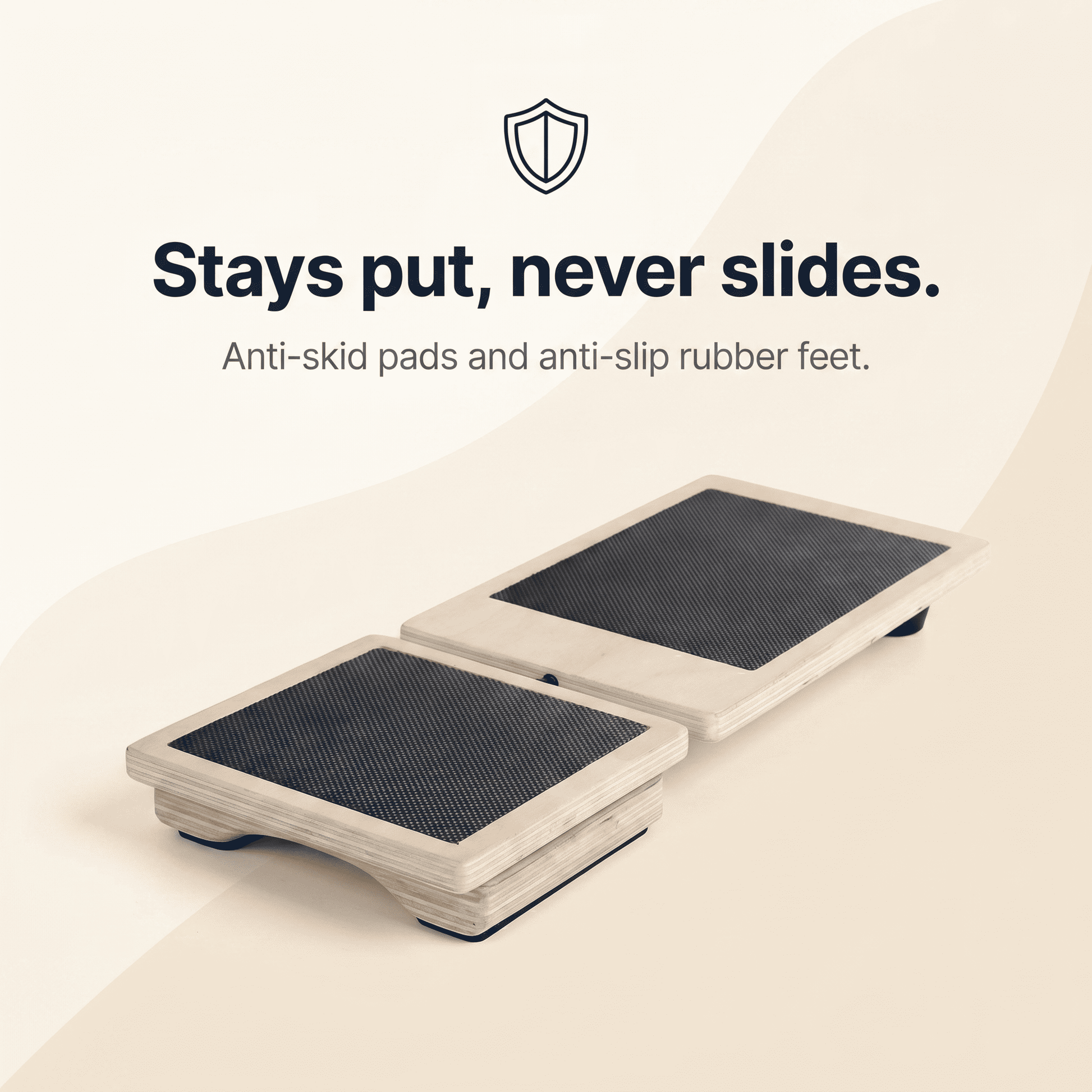 Single leg balance board with anti-skid pads and text 'Stays put, never slides.' on a light background