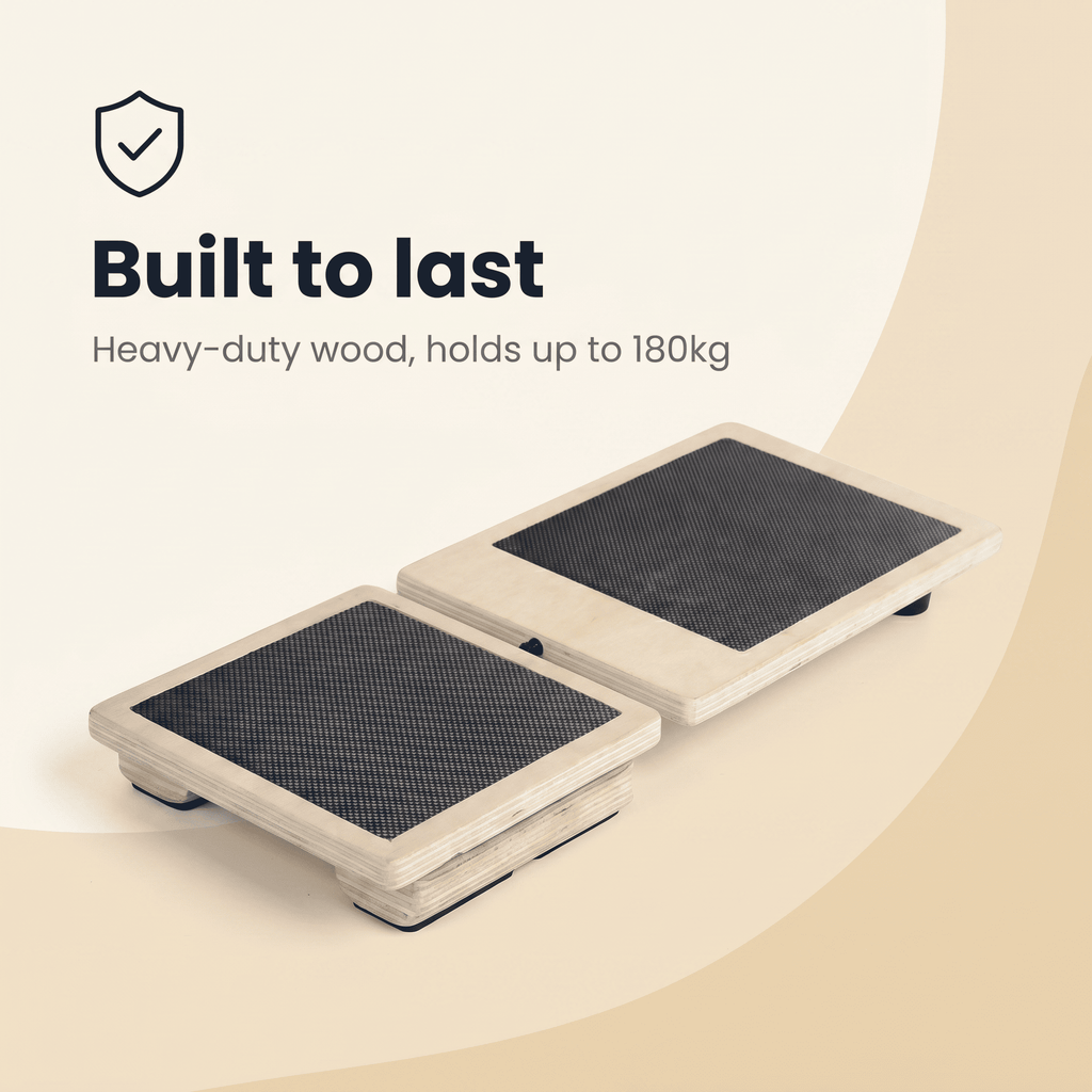 Wooden single leg wobble board with black textured surface on a beige background, featuring text about its durability.
