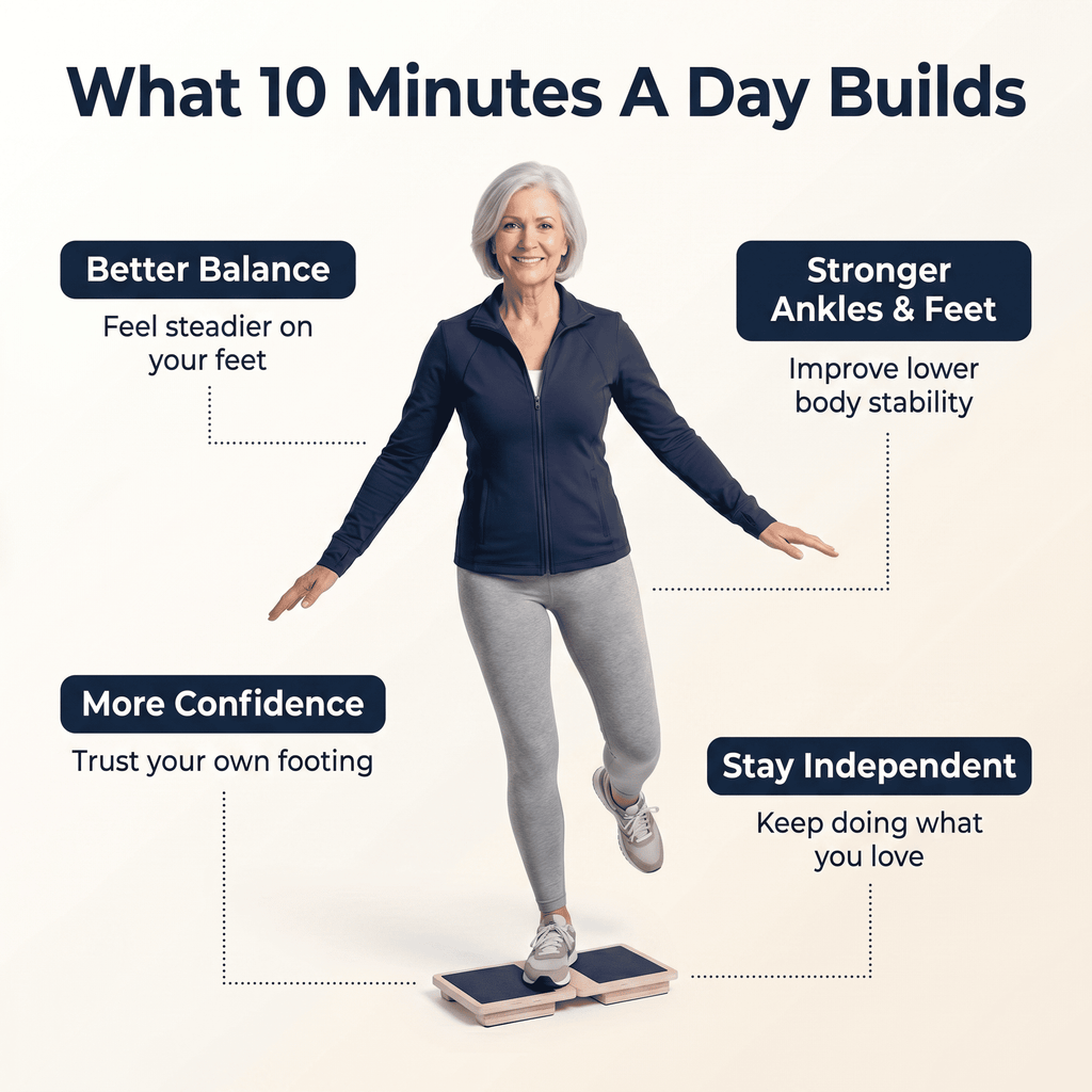 Woman on a balance board with text about daily exercise benefits on a white background