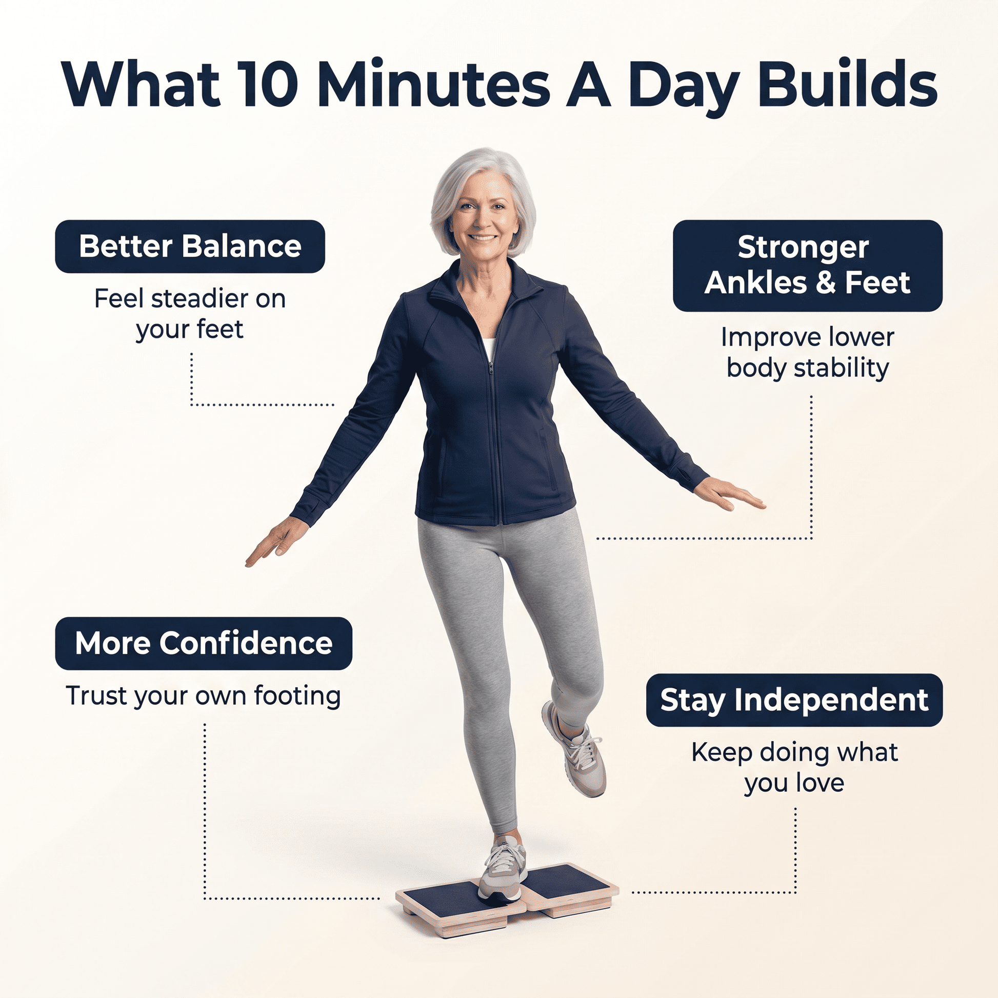 Woman on a balance board with text about daily exercise benefits on a white background