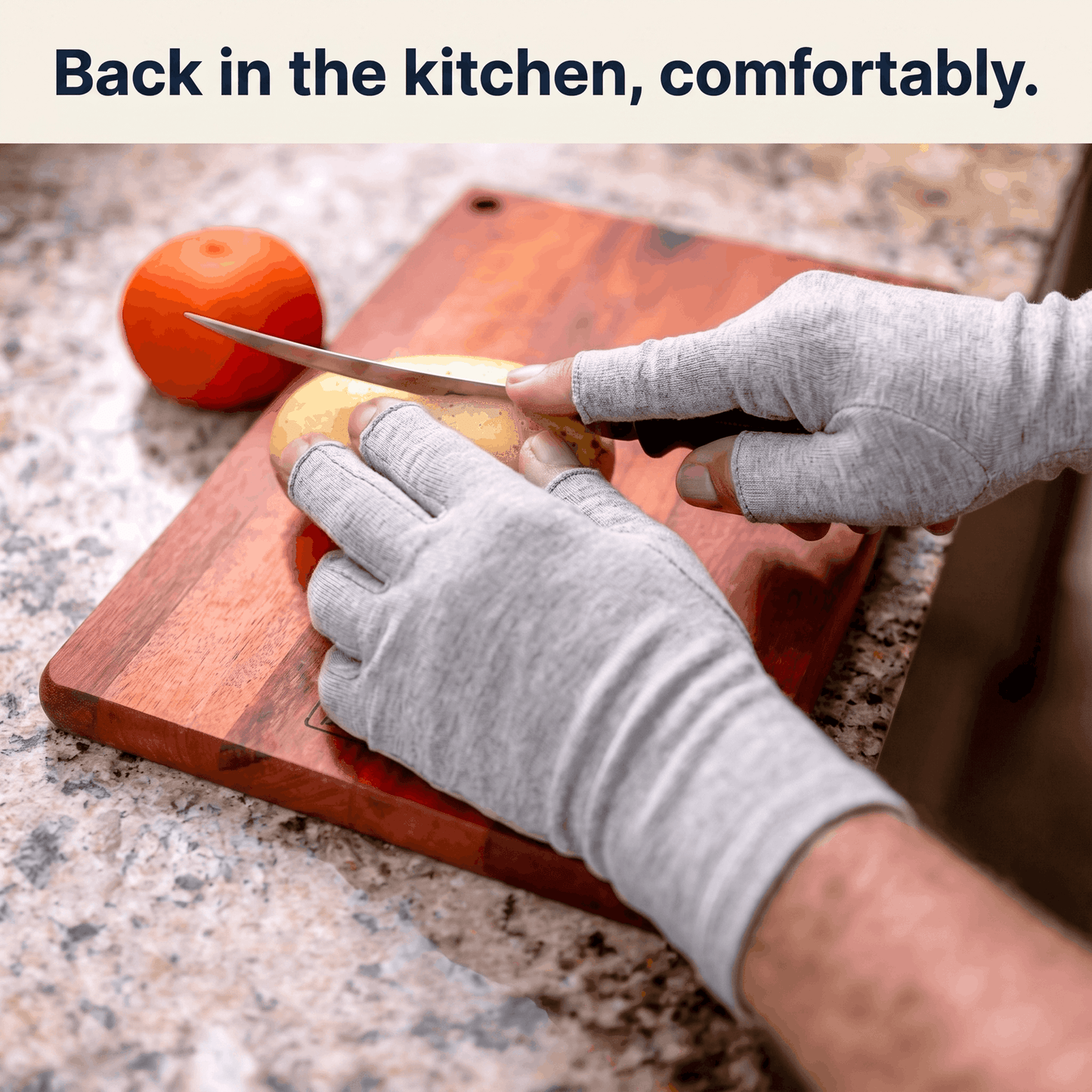 SilverWise Bamboo Compression Gloves on whilst person cuts knife in kitchen
