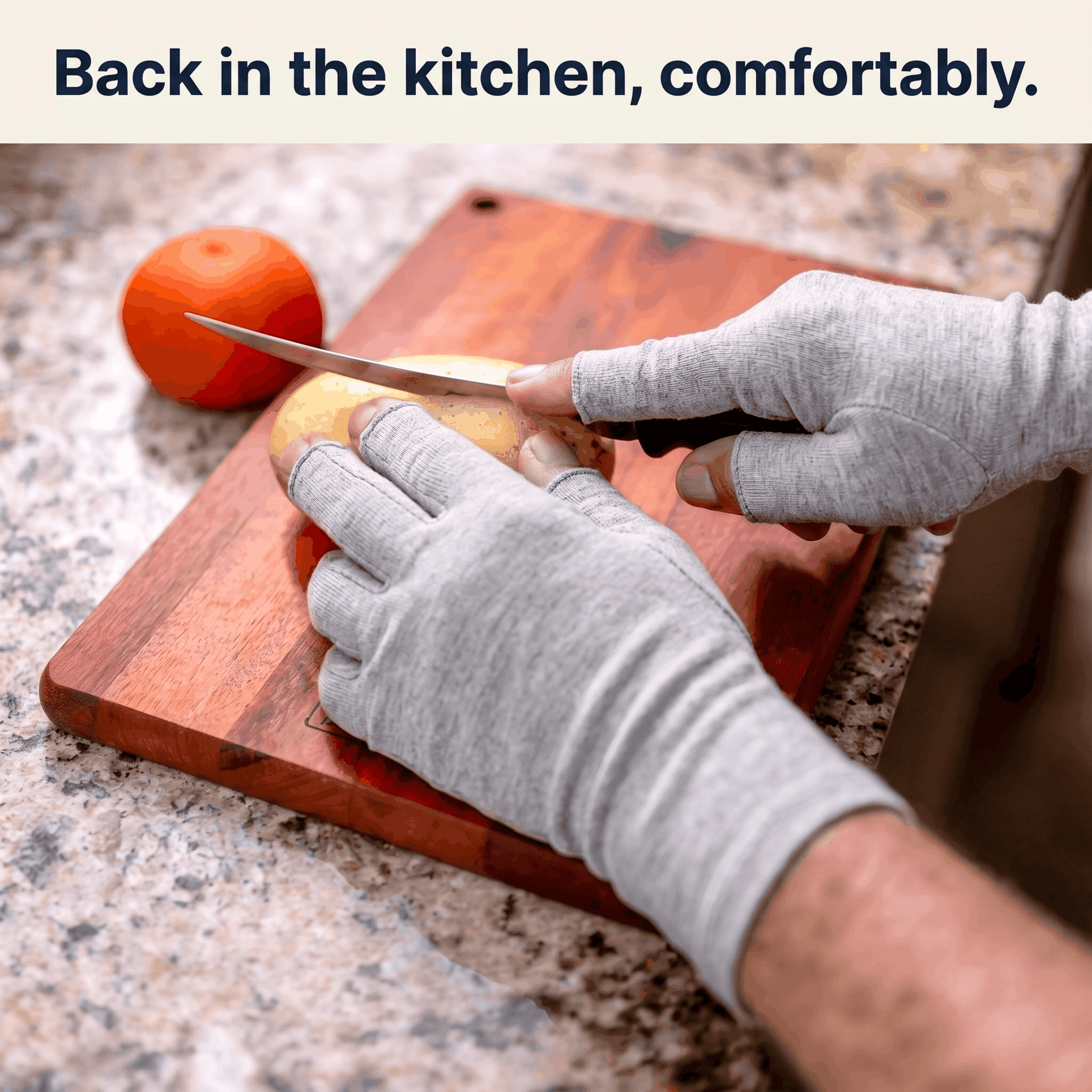 SilverWise Bamboo Compression Gloves on whilst person cuts knife in kitchen