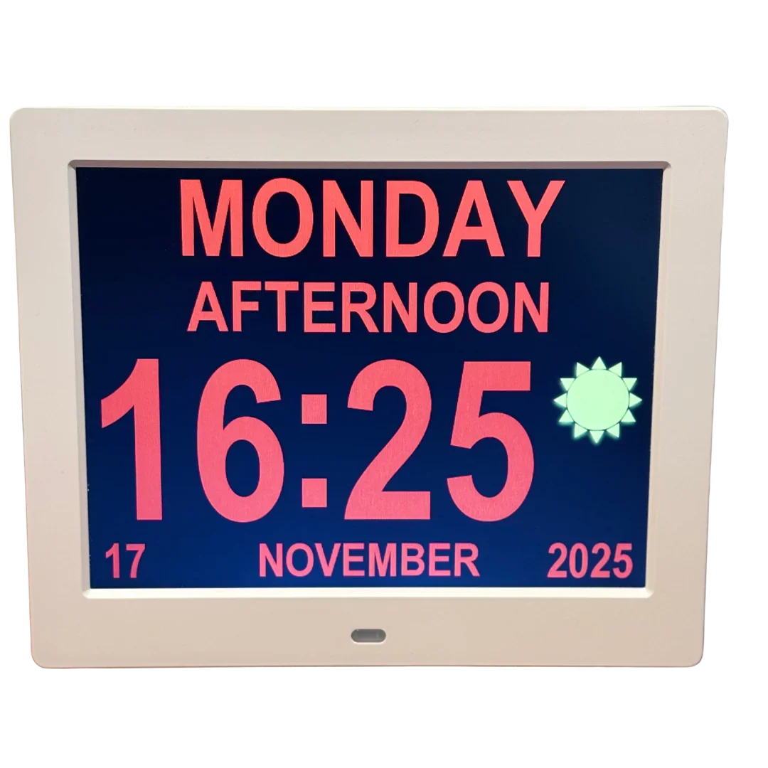DayClock digital calendar displaying Monday, afternoon, and time 16:25 in large bright text.