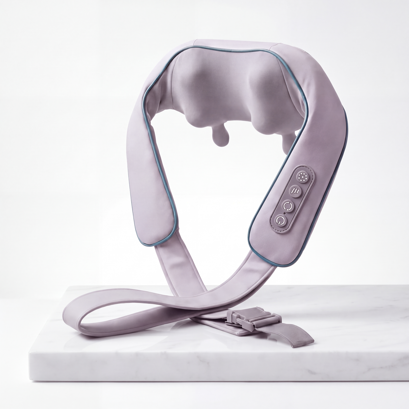 SilverWise DeepKnead neck and shoulder massager in pale grey with teal piping, on a white marble slab