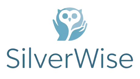 Logo with stylized hands supporting an owl outline and SilverWise text below