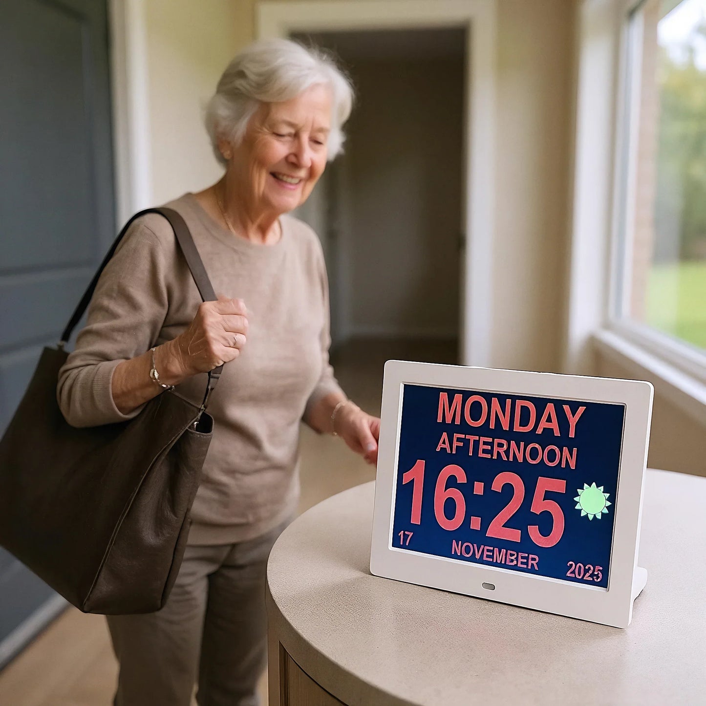 Older woman smiling near a large digital DayClock displaying time, date, and day indoors