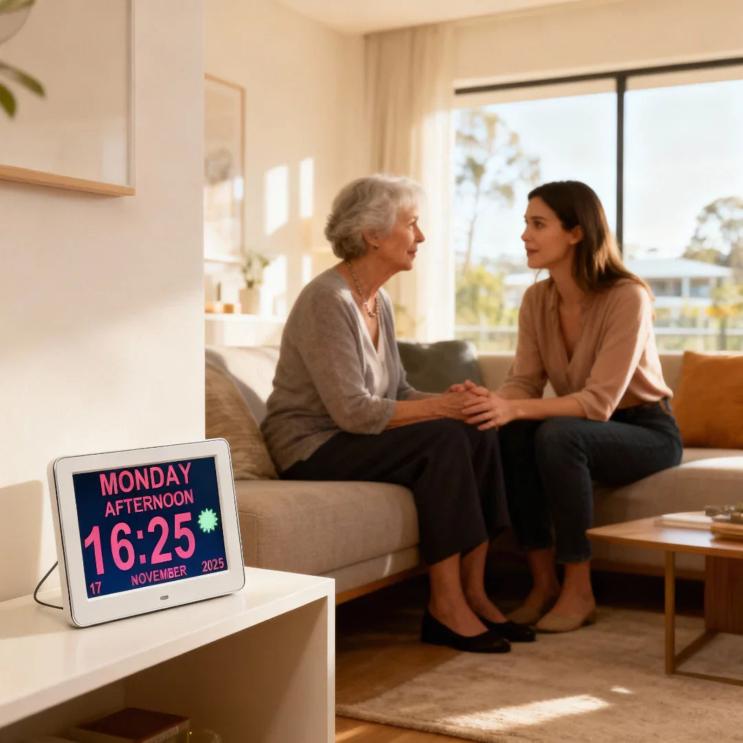 Elderly woman and younger woman talking on sofa with large digital day clock displayed on table