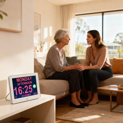 Elderly woman and younger woman talking on sofa with large digital day clock displayed on table