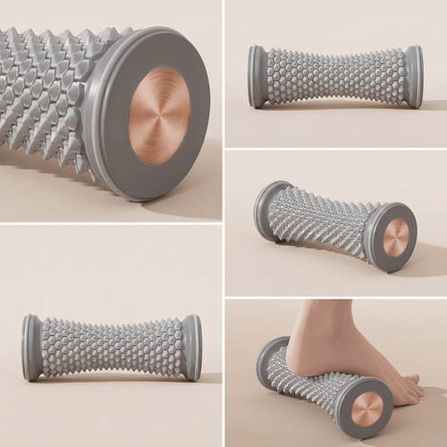 Gray massage roller with textured surface on a beige background