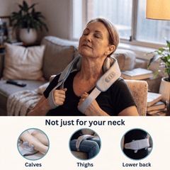 A woman sits in a living room wearing a neck and shoulder massage device, with the text 'Not just for your neck' and three circular inset images showing use on calves, thighs, and lower back.